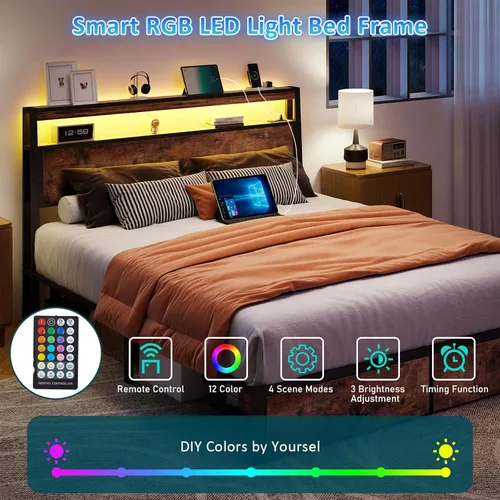 Vista 3 de SADENICEL Base de cama de tamaño matrimonial con almacenamiento, plataforma de cama de madera LED con cabecero, 2 cajones, estación de carga,