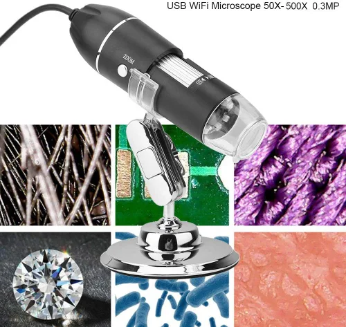 Vista 2 de Microscopio USB, 50X-500X 0.3MP Microscopio LED Lupa USB para computadora con soporte para verificación industrial de PCB, evaluación de joyas