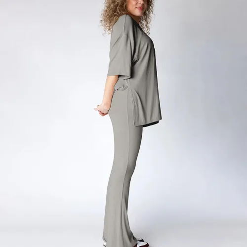 Vista 7 de Gumipy Women's 2 Piece Outfit All Weekend Long Pant Set Casual Fall Outfits 34 Sleeve Ribbed T-Shirt & Wide Leg Pants Tracksuit