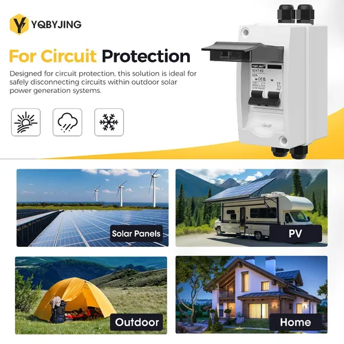 Vista 138 de Interruptor de desconexión de panel solar CC 20 Amp AC Caja de interruptor de circuito en miniatura 500V 2 polos con caja IP65 impermeable a prueba