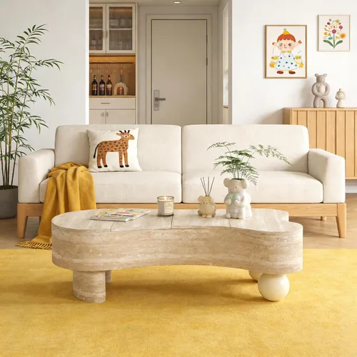 Vista 23 de WILLIAMSPACE Mesa de centro de nube de 39.7 pulgadas con chapa de madera Burl y 4 patas redondas, moderna mesa central de madera con patrón de nudo
