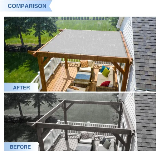 Vista 7 de E&K Toldo rectangular impermeable de 12 x 12 pies, con ojales, bloqueo UV, para pérgola, patio trasero, jardín, terraza, al aire libre (gris claro)