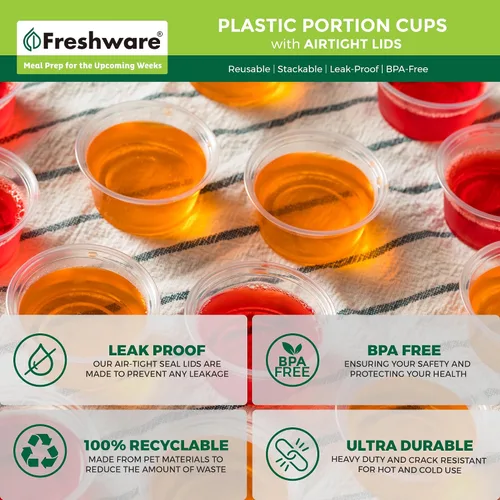 Vista 6 de Freshware Vasos de Plástico para Porciones con Tapas [1 Onza, 100 Juegos] Vasos de Plástico Desechables para Preparación de Comidas, Aderezo