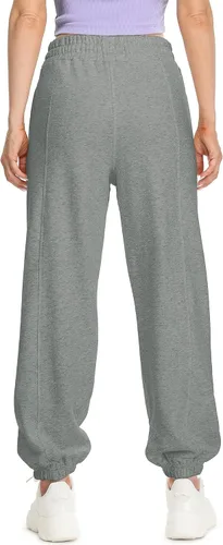 Vista 5 de icyzone Pantalones deportivos holgados de cintura alta con forro polar para mujer, pantalones gruesos y cómodos con bolsillos