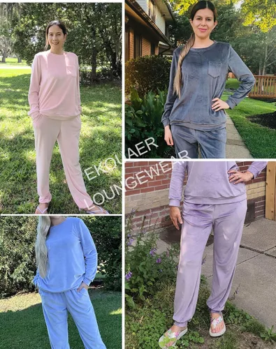 Vista 5 de Ekouaer Conjunto de pijama de manga larga para mujer, ropa de dormir suave de 2 piezas de terciopelo con bolsillos