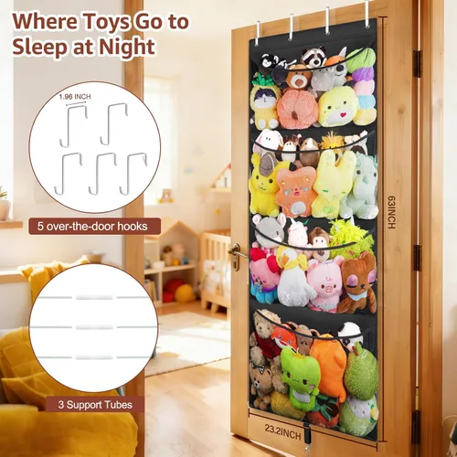 Vista 2 de Woodoulogy Almacenamiento de Animales de Peluche Colgante, Organizador Grande de Juguetes de Felpa Sobre la Puerta con Gancho de Metal, Soporte