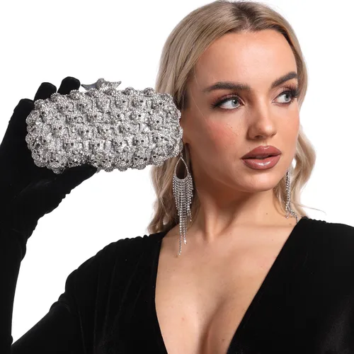 Vista 4 de Boutique De FGG Bolso de mano de cristal de calavera para mujer, bolso de mano de noche con diamantes de imitación, para fiesta, graduación