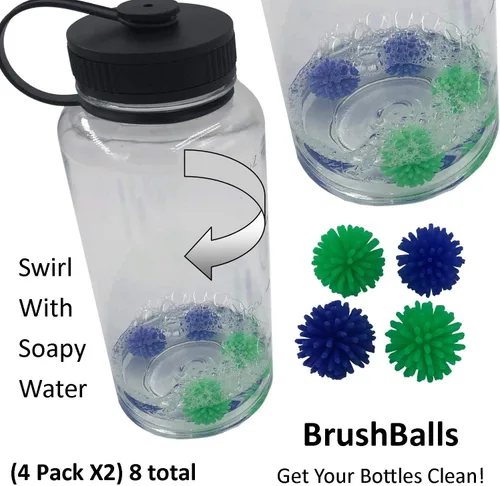 Vista 2 de Keyfit Tools BrushBalls (paquete de 4 x 2) 8 bolas de cepillo de limpieza para botellas de agua, reutilizables, para bebidas deportivas y batidos