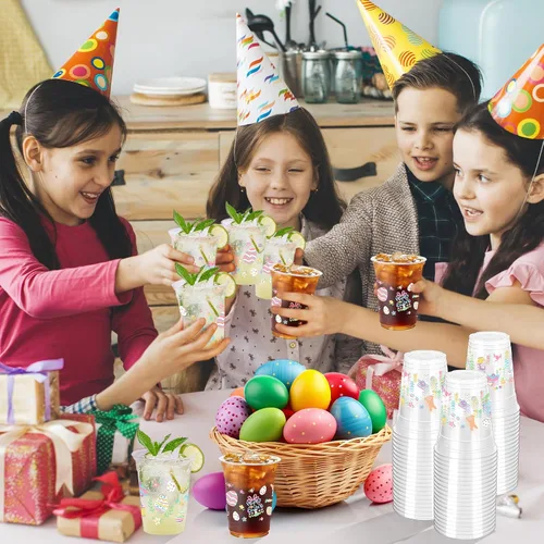 Vista 5 de 100 vasos de plástico con diseño de conejo de Pascua, vasos desechables transparentes de 12 onzas para Pascua, primavera, fiestas de cumpleaños