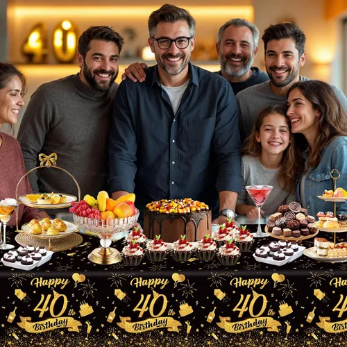 Vista 6 de Paquete de 3 manteles de plástico desechables para cumpleaños de 40 años, color negro y dorado Mantel rectangular impermeable para cumpleaños, 40