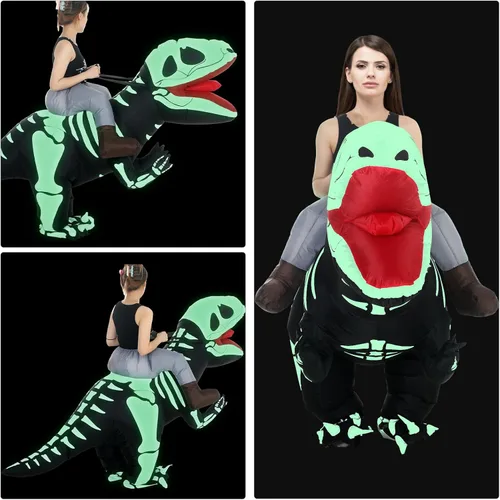 Vista 2 de Panitay Disfraz inflable de dragón inflable, disfraz inflable de Raptor que brilla en la oscuridad, disfraz de dinosaurio inflable de esqueleto