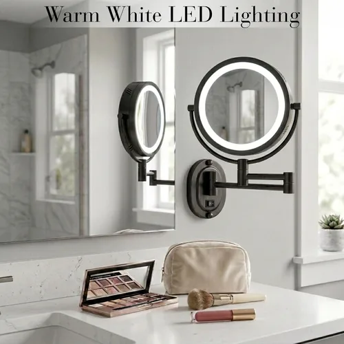 Vista 2 de JERDON Espejo de maquillaje de montaje en pared con cableado - 5X/1X - Negro - HL65BKD 8" de diámetro, brazo de pared de 14", iluminación LED