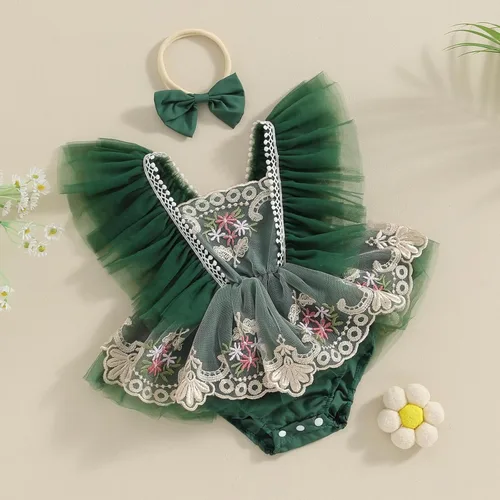Vista 2 de Ursobutegl Mameluco de princesa para bebé recién nacida, vestido de malla bordado, elegante, tutú con falda, overol para cumpleaños