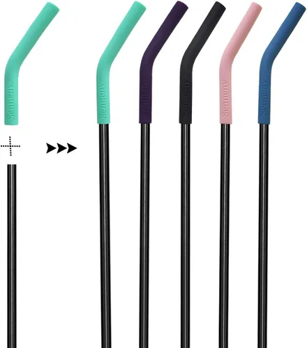 Vista 2 de Juego de 5 pajitas de acero inoxidable Senneny con puntas flexibles de silicona con cubierta de codos, 2 cepillos de limpieza y 1 bolsa portátil
