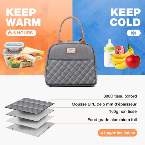 Vista 4 de Lekesky Lonchera para mujer, lonchera aislada, bonita bolsa de almuerzo a prueba de fugas para el trabajo de adultos, color gris