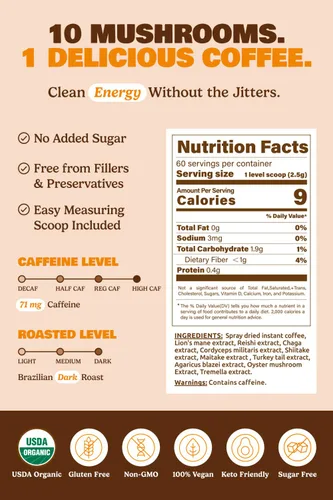 Vista 2 de ShroomDNA - Café de hongos orgánico 10 en 1 certificado por USDA, café instantáneo de hongos tostado oscuro brasileño para una mejor energía