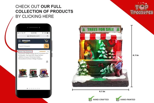 Vista 4 de Juego de 3 tiendas de pueblo navideño, incluye corona preiluminada, árbol y tienda de regalos, complemento perfecto para tus decoraciones navideñas