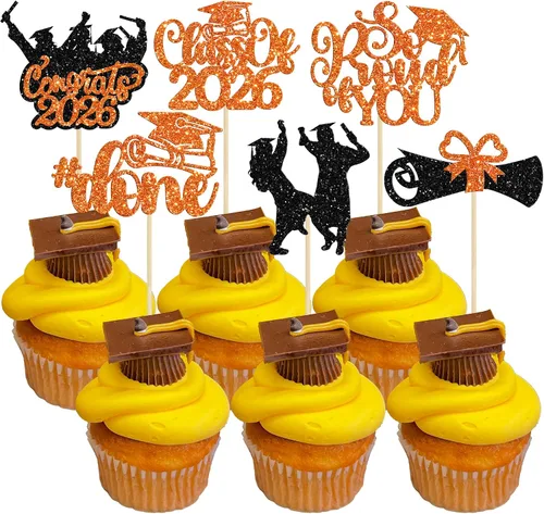 Vista 22 de Gyufise 24 piezas de decoración para cupcakes con purpurina para graduación 2026, decoración de pasteles para graduación 2026, decoración de Negro