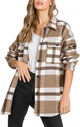 Vista 20 de Beaully Chaqueta-Camisa de Franela a Cuadros para Mujer, Trajes de Otoño 2025, Camisa de Manga Larga con Botones, Chaqueta Abrigo con Bolsillos Negro
