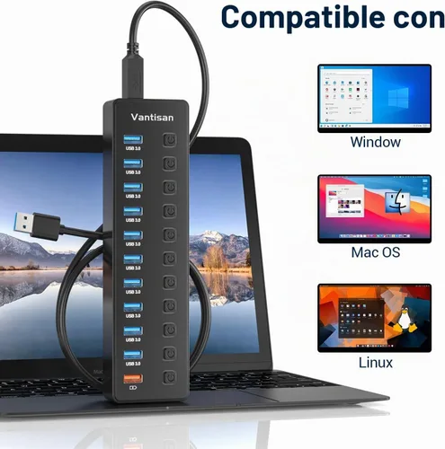 Vista 6 de Hub USB alimentado, divisor de concentrador USB 3.0 de 11 puertos, 10 puertos de transferencia de datos USB 3.0 + 1 puerto de carga inteligente