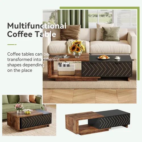 Vista 7 de LITTLE TREE Mesa auxiliar de madera expandible con 2 cajones, mesa central rectangular de granja que ahorra espacio, perfecta para sala de estar