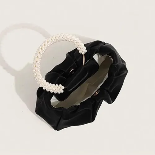 Vista 5 de Beatfull Bolso de noche para mujer, bolso de mano pequeño con perlas de cuero suave, bolso fruncido para boda, novia, fiesta, baile de graduación