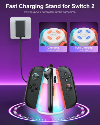 Vista 2 de Controller Charger Dock for Nintendo Switch 2 2025 for Joycon 2, 4-in-1 Magnetic Dual Direction Fast Charging Stand Station with 10 RGB Light Modes