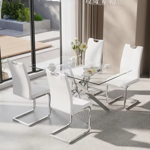 Vista 16 de Juego de mesa de comedor de 5 piezas para 4, mesa rectangular moderna de cristal con 4 sillas tapizadas de cuero, juegos de mesa y sillas de comedor
