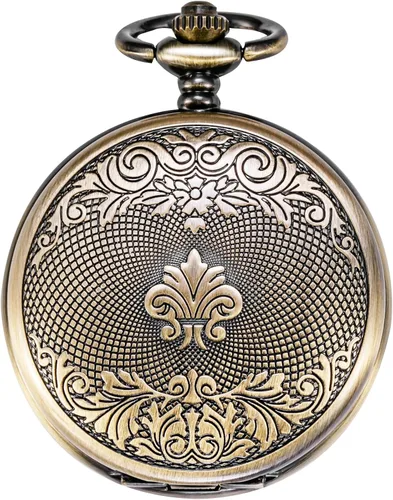 Vista 3 de TREEWETO Reloj de bolsillo con doble cubierta de bronce con números romanos para hombre y mujer
