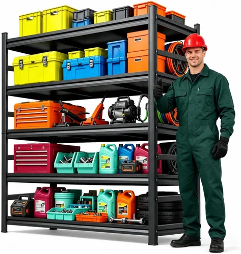 Vista 15 de Estantería de garaje, estantes de almacenamiento de metal resistente de 2400 libras, estante de almacenamiento ajustable de 4 niveles para garaje