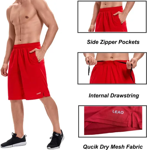 Vista 6 de LEAO Pantalones cortos de baloncesto para hombre con bolsillos con cremallera, secado rápido, holgados, pantalones cortos de entrenamiento