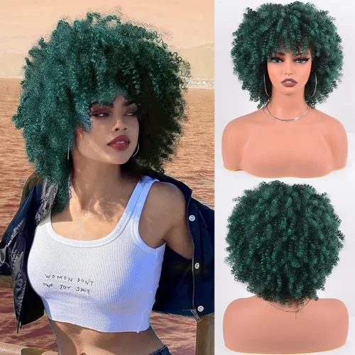 Vista 21 de Vitorish Peluca corta afro rizada con flequillo para mujeres negras, peluca sintética resistente al calor, color negro natural, para uso diario