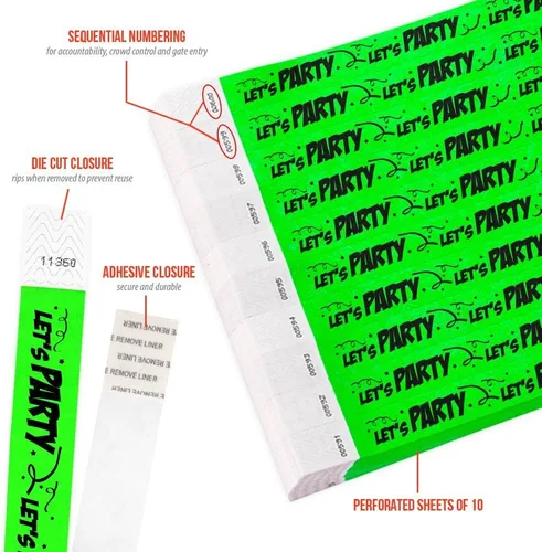 Vista 2 de 500 pulseras Wristco Let's Party Tyvek para eventos, a prueba