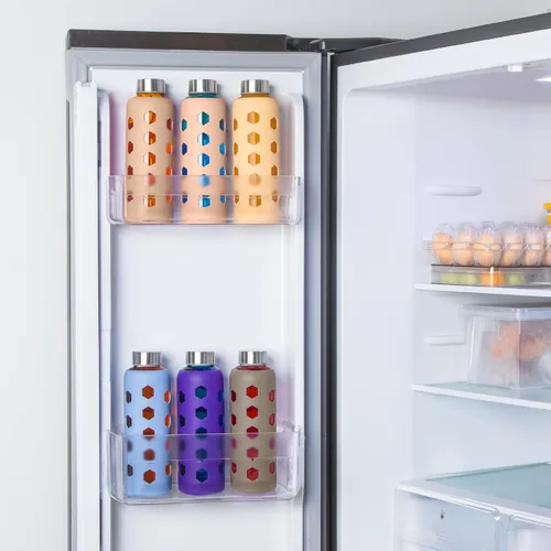 Vista 9 de Mrsdry Botellas de jugo de vidrio con tapas y fundas de silicona de 18 onzas, paquete de 4 botellas de agua reutilizables de vidrio transparente