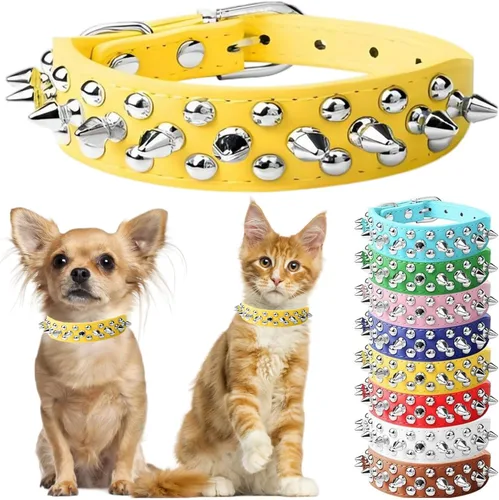 Vista 5 de Collar de perro con pinchos para perros pequeños, collares de cachorro macho con pinchos de cuero PU con remaches de hongos, collares tachonados