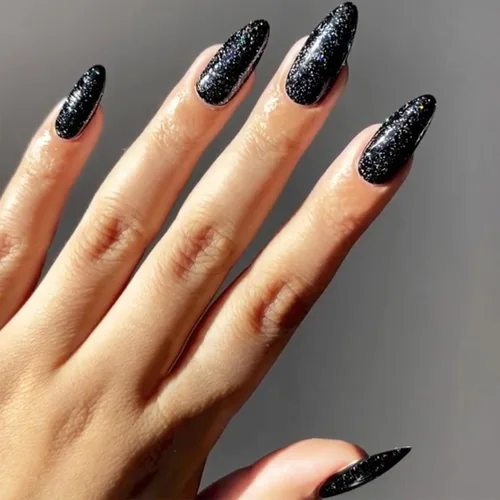 Vista 15 de Uñas postizas a presión cromadas de bronce y almendra mediana, uñas postizas de aguja con diseño brillante, uñas postizas acrílicas de metal