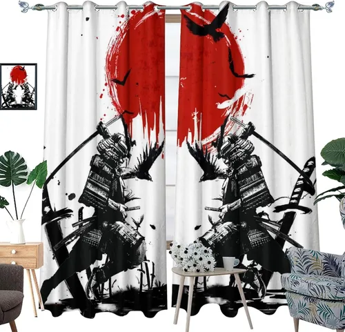 Vista 3 de Cortinas opacas samuráis japonesas para dormitorio, tinta de acuarela, espada samurái, estampado de sol rojo, ojales, aislamiento térmico, cortinas
