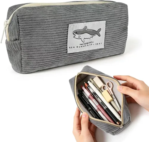Vista 7 de Estuche pequeño para lápices con gran capacidad, estuche con diseño de tiburón, bolsa con cremallera gris para oficina, organizador de papelería