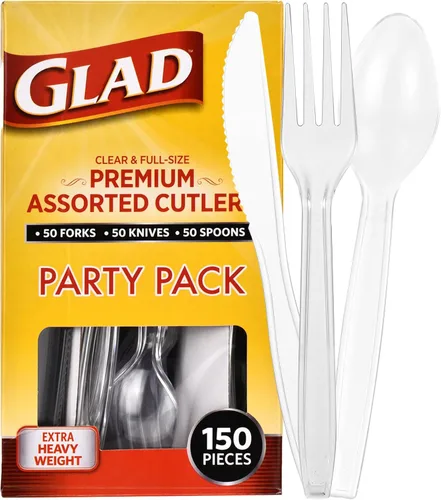 Vista 8 de Glad Juego de cubiertos desechables transparentes con tenedores, cuchillos y cucharas de plástico resistente, utensilios de plástico reutilizables