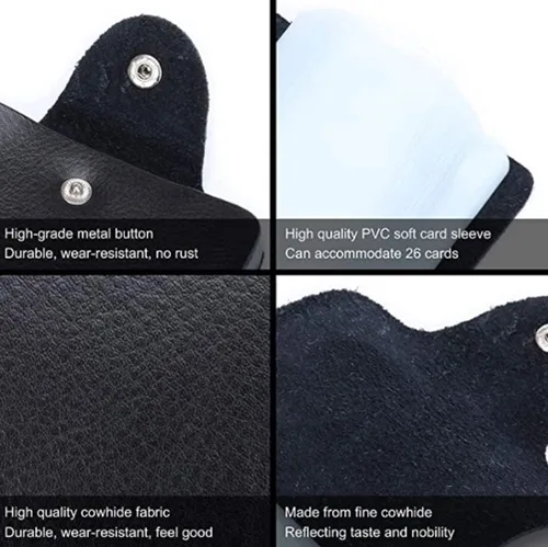 Vista 6 de Cartera para tarjetas de crédito, pequeña, de piel auténtica, 26 ranuras, para tarjetas, organizador para mujeres y hombres, Negro -, Cartera