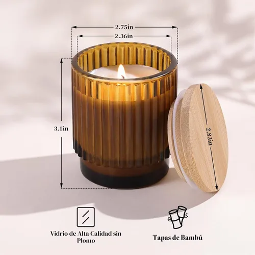 Vista 2 de DEVI Juego de 8 tarros de vela de vidrio acanalado ámbar vacíos de 7 onzas para hacer velas, tarros de vela de vidrio con tapas de bambú
