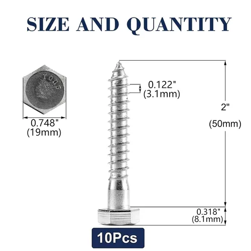 Vista 2 de Tornillos de cabeza hexagonal de 1/2" x 2" con rosca parcial, 10 piezas de acero inoxidable 304 18-8, tornillos hexagonales para madera de SG TZH