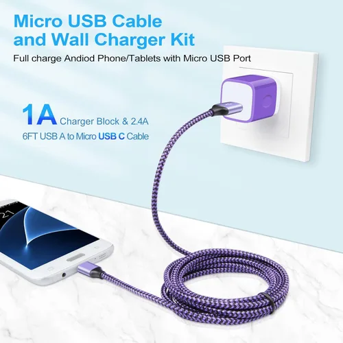 Vista 3 de Caja de cargador de pared de un puerto, enchufe de carga micro USB, cable de carga de teléfono Android de 6 pies, cable micro USB para Samsung