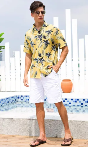 Vista 4 de Janmid Camisas hawaianas florales de manga corta con botones para hombre