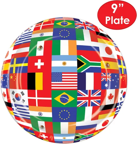 Vista 2 de Beistle 8 piezas de papel desechable y duradero, banderas del mundo internacional, platos de viaje temáticos para fiestas, 9 pulgadas, multicolor