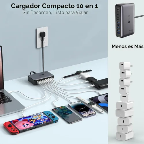 Vista 3 de Bloque de Cargador USB C de 10 Puertos, Estación de Carga USB de 450W para Múltiples Dispositivos, 5 Tipo C + 5 USB A Concentrador de Carga GaN PD