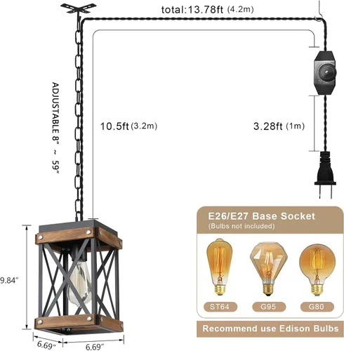 Vista 4 de Lámpara colgante rústica de granja que se enchufa con cadena ajustable, accesorio con jaula de linterna de madera de roble y metal, mini lámpara