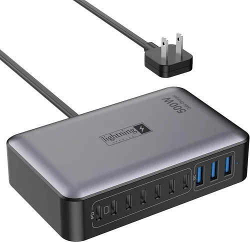 Vista 18 de Estaciones de carga múltiple de 8 puertos de 200 W con enchufe plano, cable de alimentación trenzado e interruptor de encendido/apagado