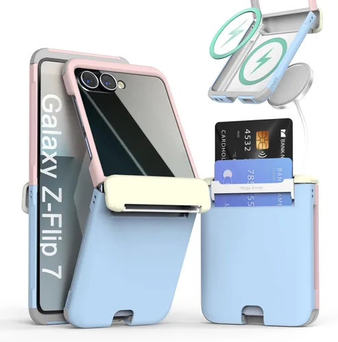 Vista 15 de para Galaxy Z Flip 5 Funda con 2 ranuras para tarjetas, funda rígida delgada y resistente con protección de bisagra, funda completa con protección