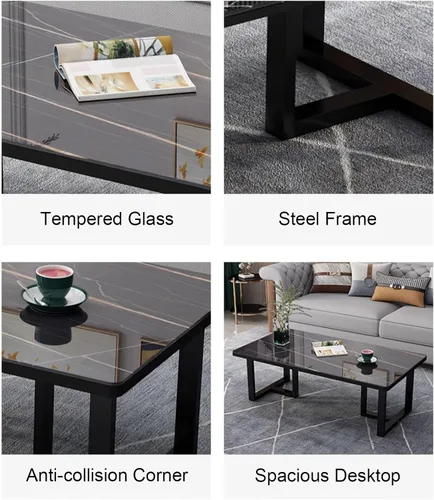 Vista 4 de Mesa auxiliar rectangular de mármol sintético, escritorio de vidrio templado y patas de metal, moderna mesa de té, mesa de té para sala de estar